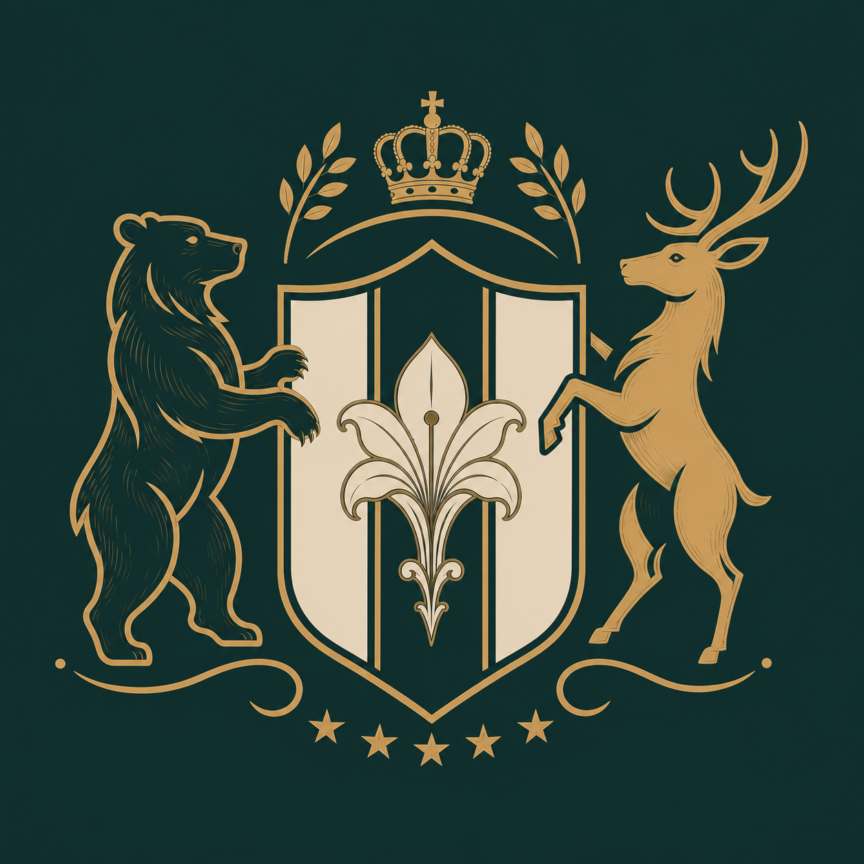 Maroli Kodeon heraldic crest with bear, deer, crown and fleur-de-lis